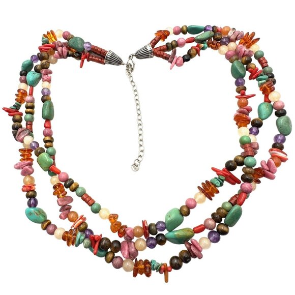 American Southwest Womens Necklace Sterling Silver Multi Strand Turquoise Amber - Picture 1 of 4